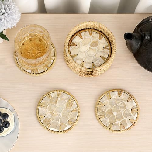 Coastal Coasters Set of 6, Boho Coaster Set with Holder, Fish Scale - Image 2