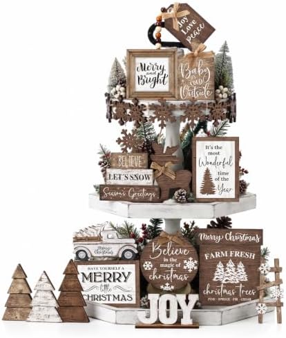 Mifoci 15 Pcs Christmas Neutral Christmas Tiered Tray Decor Rustic Wood by Mifoci