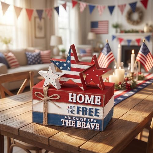 Geelin 4 Pcs Veterans Day Patriotic Table Decoration Wooden Book Stack Sign - Image 2
