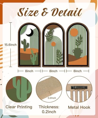 Putuo Decor Boho Wall Decor with Cactus, Modern Wooden Minimalist Wall Decor, Abstract Green Room Decorations 16x8 In Mid Century Artwork for Living Room Bedroom Office in Desert Green Set of 3 - Image 3