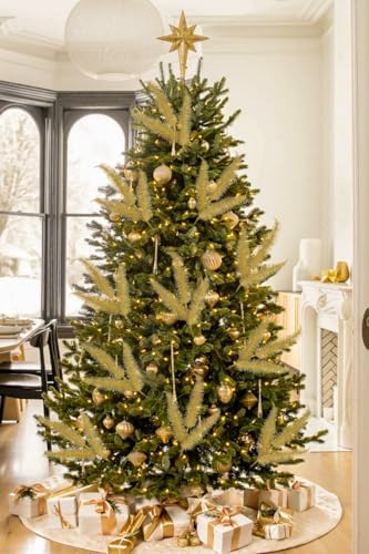 Oairse 8 Pcs Christmas Tree Picks and Sprays Gold Glitter Christmas Picks 28" Christmas Glitter Feathers Leaves Stems for Christmas Tree Filler Branches Wreaths Centerpieces Holiday Decorations - Image 3