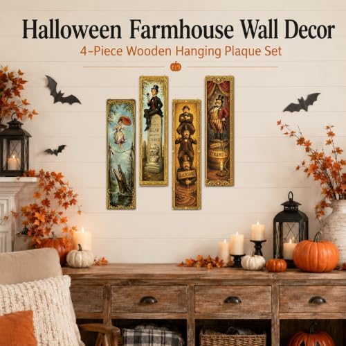 Vintage Halloween Sign,4 Pcs Halloween Hanging Signs,Rustic Wood Wall Decor - Image 6
