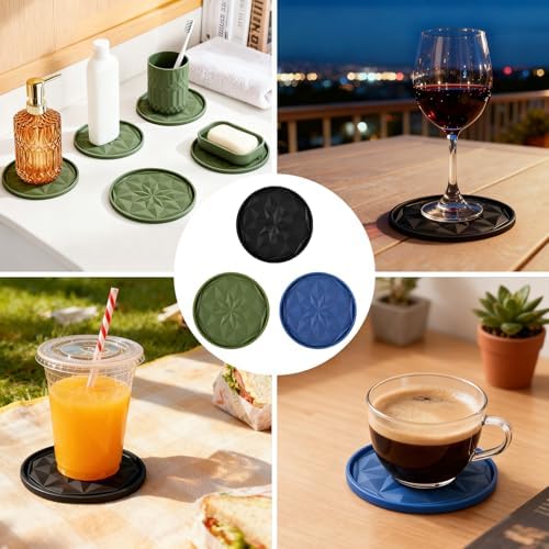 OIAHOMY 8 Pcs Coasters with Holder for Beer, Coffee, Silicone Coaster Set for Table Decor for Kitchen, Bar, Dining Room, Living Room, Housewarming Gifts - Black - Image 6