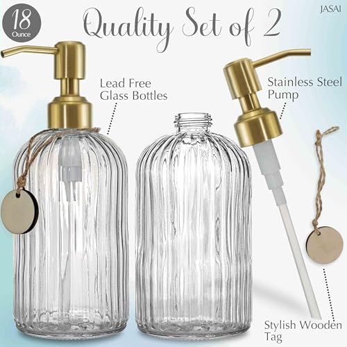 JASAI 2PACK 18Oz Fluted Glass Soap Dispenser with Golden Rust Proof Pump - Image 2