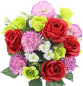 Admired By Nature 24 Stem Artificial Flowers Roses Carnation Blossom Mixed Bush Spring Faux Flower Indoor Wedding Home Decor, Cemetery Decorations for Grave, Red, Kiwi, Lavender by AdmiredbyNature