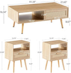 Rattan Center Table and Nightstand Set, 3-Piece Wood Living Room Table Set - Image 2
