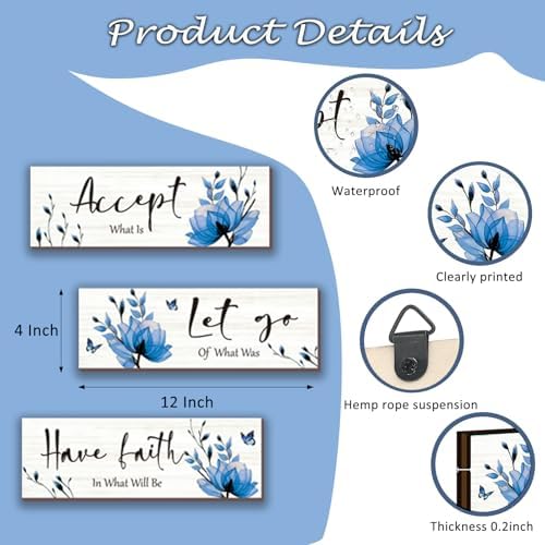 3 Pcs Blue Bathroom Decor Rustic Flower Wall Art Accept Let Go Have Faith Farmhouse Bedroom Wall Decor Wooden Inspirational Quotes Decorations for Living Room Bathroom Bedroom(Blue, 12 x 4 Inches) - Image 4