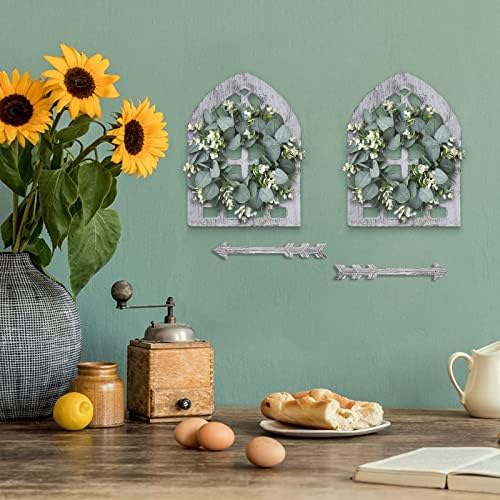 WAKOSAN Rustic Wood Window Frame Wall Decor with Wreath & Arrows Set of 2 - Image 6