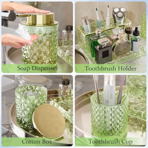 Green Bathroom Accessories Set - 20PCS Glass Bathroom Set with Shower Curtain and Rugs, Soap Dispenser, Soap Dish, Cup, Qtip Jar, Toothbrush Holder, Stylish & Functional Bath Decor for Home, Apartment - Image 5