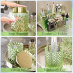 Green Bathroom Accessories Set - 20PCS Glass Bathroom Set with Shower Curtain and Rugs, Soap Dispenser, Soap Dish, Cup, Qtip Jar, Toothbrush Holder, Stylish & Functional Bath Decor for Home, Apartment - Image 5