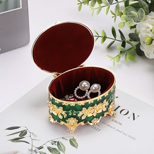 Hipiwe Vintage Jewelry Box Oval Trinket Ring Display Case, Antique Green - Image 2