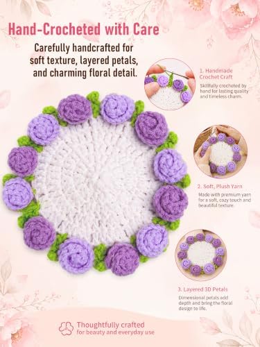 Crochet Flower Bouquet Coasters, Cotton Rose Gifts for Home Decor 4Pcs - Image 4