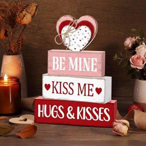 Marsui 4 Pcs Valentine's Day Decorations for Home Heart Table Decor Rustic Distressed Wooden Signs Valentines Centerpieces Blocks Farmhouse Valentines Tiered Tray Decor for Desk Shelf Mantel Indoor by Marsui
