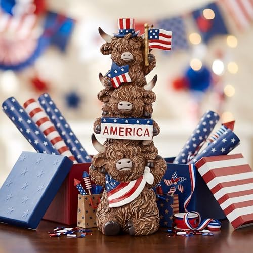 7.09inch Highland Cow 4th of July Decor, Stacked Patriotic Trio Figurine with Star & Stripe Accents, Rustic Resin Figurine for Farmhouse Table Decoration, US 250th Independence Memorial Day Gift - Image 3