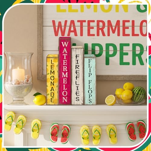 Lineshading 4 Pcs Summer Table Decoration Wooden Book Lemon Watermelon Sign - Image 4