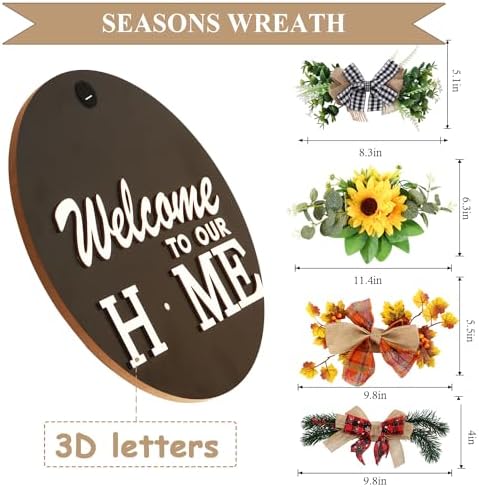 Interchangeable Welcome Sign for Front Door Decoration with 4 Seasonal Wreaths and 14 Holiday Icons, Black Welcome Door Hanger, Rustic Wooden Front Porch Sign Home décor（Black） - Image 6