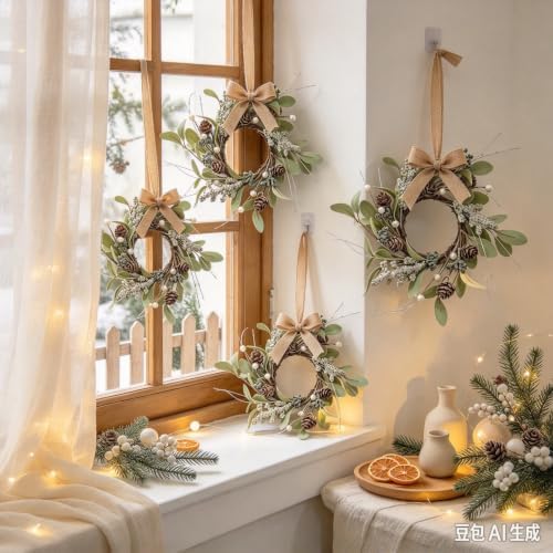 6 Pcs Small 4th of July Hanging Wreaths for Cabinets Patriotic Mini Candle Ring Wreath with Red White Blue Flowers (4, Winter Snow Pinecones) - Image 5