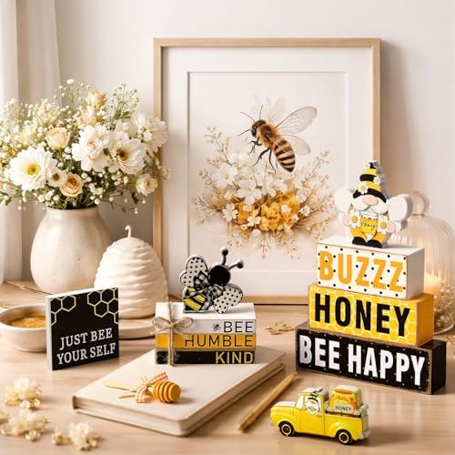 11 Pcs Bee Table Decorations Bee Tiered Tray Decorations Set Gnome Stack Signs Honey Farmhouse Rustic Wooden Table Centerpieces for Home Party - Image 3