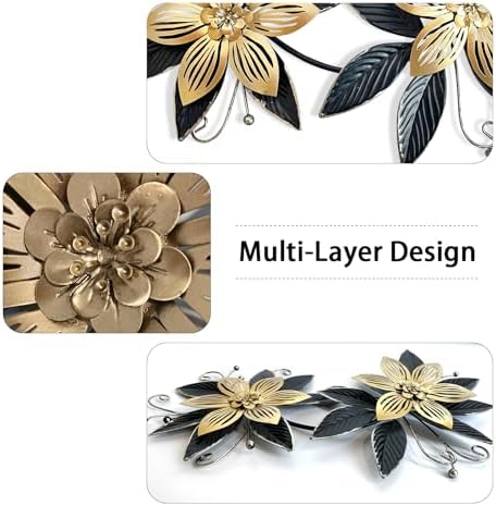 LIFFY Black Wall Decor,15" 3D Multi-layer Metal Flowers Wall Decor, Rustic Modern Floral Sculpture for Indoor Kitchen Bedroom Living Room Office Outdoor Garden Patio - Image 3