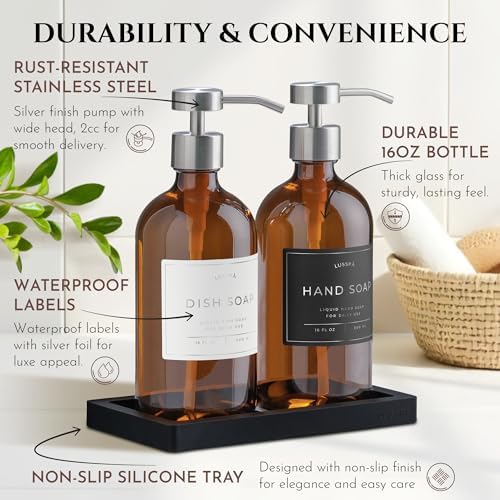 Glass Soap Dispenser Set of 2 (Amber) with Silicone Tray | Hand and Dish Soap Dispenser for Kitchen and Bathroom | 16.8 Oz Glass Bottles with Stainless Steel Pump & 15 Waterproof Labels (Amber/Silver) - Image 6