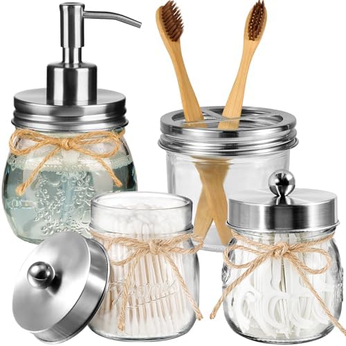 Amolliar Glass Mason Jar Bathroom Accessories Set 4 Pcs (Brushed Nickel) by Amolliar