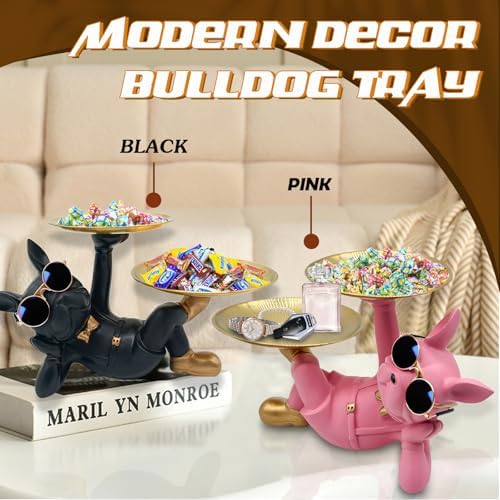 Huhote Resin French Bulldog Tray Statue, Lying Bulldog Candy Dish Key Holder Bowl, French Bulldog Accessories, Statues for Office Desk Home Decor Figurines Entryway Table Decor (Pink) - Image 2