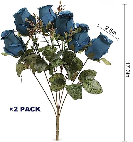 Artificial Rose Flowers 12 Heads 2 Bundles Silk Rose Bouquets, Navy Blue - Image 3
