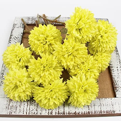 Tinsow 12PCS Artificial Ball Chrysanthemum Faux Flowers Bouquet Yellow - Image 5
