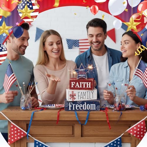 Moucuny 4 Pcs Patriotic Wooden Block Sign July 4th Table Star Decor - Image 5