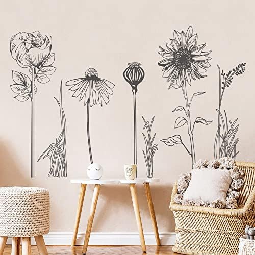 Black Simple Flower Plant Wall Decals, 2 Sheets Large Boho Floral Modern Wall Stickers Peel Stick Sketch Wildflower Wallpaper Art Decor for Bedroom Living Room Office Gifts for Mom(11.8x35.4 in/Sheet) - Image 6