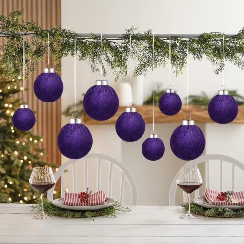 Velvet Christmas Ball Ornaments - 30pcs Flocked Christmas Ornaments Set Shatterproof Classic Hanging Xmas Tree Decorations with Rope for Wreath Holiday Home Decor (Purple) - Image 6