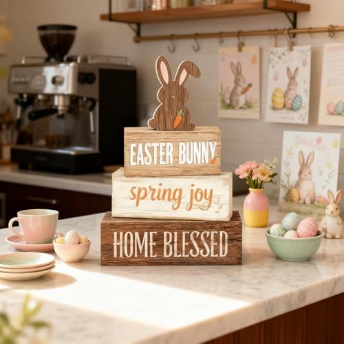 Easter Decorations - Easter Bunny Tiered Tray Decor Set - Wooden Easter Tabletop Decoration - Rustic Farmhouse Spring Home Decor Indoor for Tiered Tray Shelf Mantel Coffee Table Gift - Spring Home Decor for Living Room, Kitchen Counter - Image 6