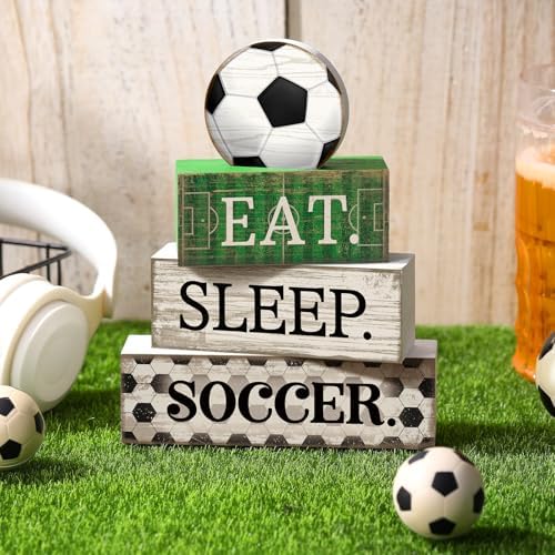 Yuntau 4 Pcs Soccer Table Decor Wooden Sign, Rustic Tiered Tray Decor - Image 3