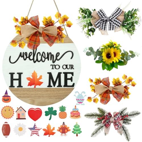 Interchangeable Welcome Sign for Front Door with 4 Seasonal Wreaths and 14 Changeable Icons, Farmhouse Front Porch Décor, Front Door Decoration, Seasonal Rustic Wooden Wall Sign home décor (7wood) by HOME