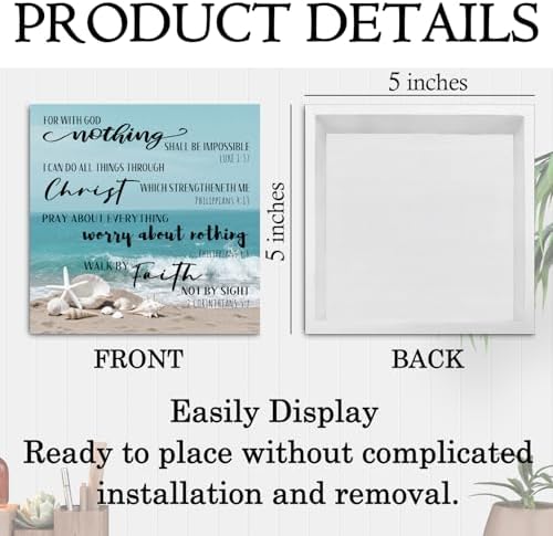 Coastal Beach Christian Wooden Box Sign, Ocean Room Decor, Inspirational Bible Verse Sea Shell Wood Signs for Beach House Cabin Home Office Desk Table Shelf Decor, 5x5 Inch - Image 6