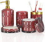 Red Bathroom Accessories Set, Glass Soap Dispenser Set with Rust Proof Stainless Steel Pump, Soap Holder, Toothbrush Holder, Tumbler, Cotton Swab Jars, Wine Red Bathroom Set Bathroom Decor Sets Gift by Towoaafu
