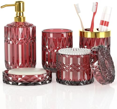Red Bathroom Accessories Set, Glass Soap Dispenser Set with Rust Proof Stainless Steel Pump, Soap Holder, Toothbrush Holder, Tumbler, Cotton Swab Jars, Wine Red Bathroom Set Bathroom Decor Sets Gift by Towoaafu