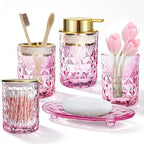 5 Piece Glass Bathroom Accessories Set, Pink & Gold Vanity Countertop Set by KINUUIS