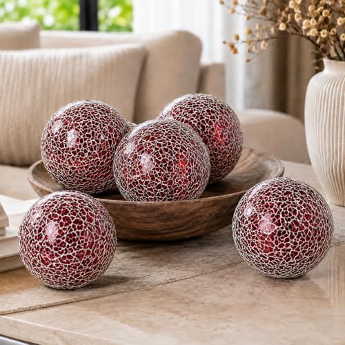 Decorative Glass Mosaic Sphere Balls, 3 Inch Diameter, Set of 5, Table Centerpiece (Red) - Image 4