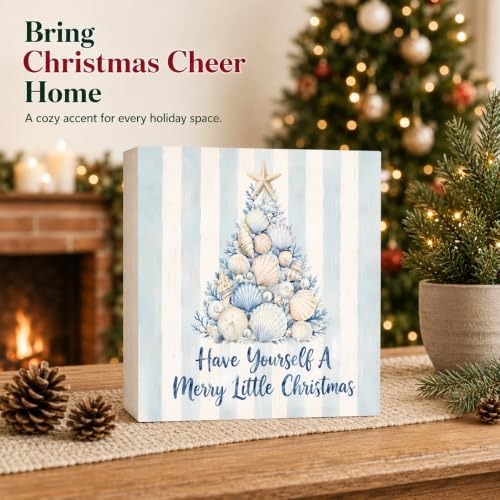 Christmas Decorations Coastal Xmas Seashell Tree Wood Box Sign - Image 2
