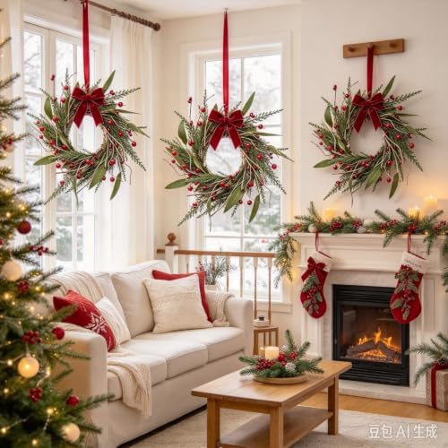 6 PCS Mini Christmas Wreaths for Cabinets 9" Christmas Kitchen Cabinet with Pine Needles Pinecones Red Berries Bells and Bow Christmas Wreath for Front Door Window Wall Xmas Holiday Home Decor - Image 4