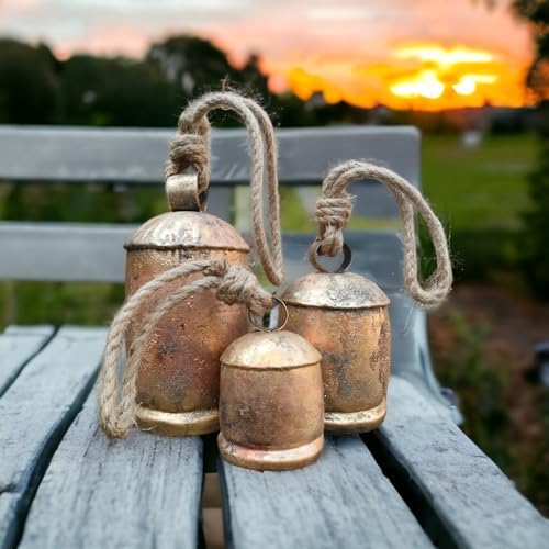 Set of 3 Metal Christmas Bells for Decoration Rustic Brass Gold Large Bell Cow Hanging - Image 6