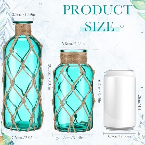 Chuangdi Set of 2 Coastal Glass Flower Vase with Boho Rope, Blue Green - Image 2