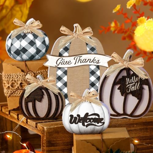 5 Pcs Hello Fall Pumpkin Home Decor Plaid Pumpkin Wooden Table Centerpiece - Image 2