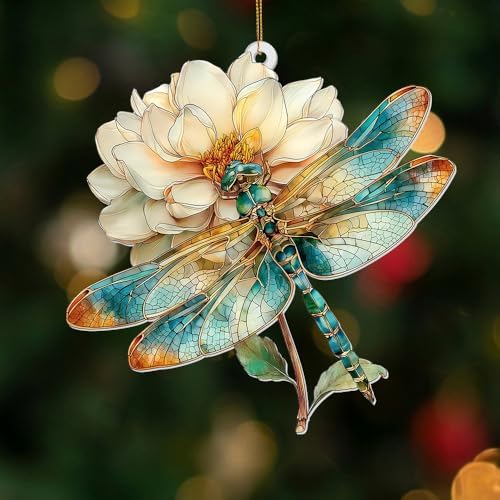 Dragonfly Ornament Stained Glass Style – Acrylic Window Hanging Suncatcher with Flower, Dragonfly Gifts for Women, Christmas Tree Ornament, Whimsical Home & Garden Décor(Sun-21) - Image 2