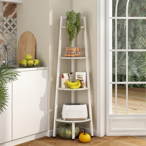 Hoctieon Corner Shelf, 4-Tier Corner Bookshelf, Rustic Corner Ladder Shelf, Industrial Display Shelf for Living Room, Kitchen, Home Office, Balcony, Small Space, Metal Frame, White - Image 3