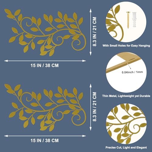 ESTART 2 Pcs Metal Tree Leaf Wall Art Vine Branch Decor, Gold - Image 2