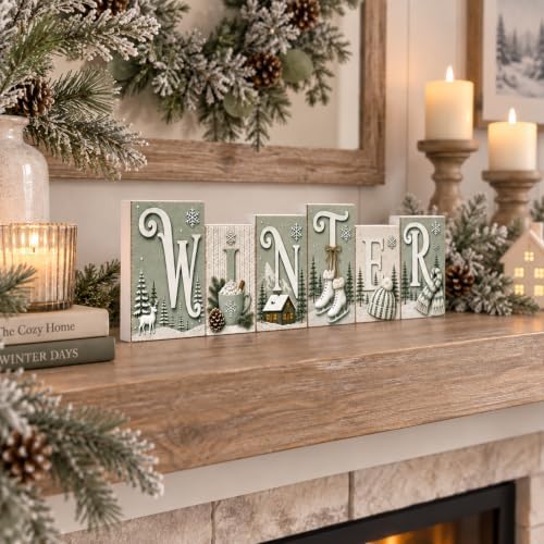 Winter Tabletop Decor, Sage Green Wooden Sign for Shelf, Mantel & Home - Image 6