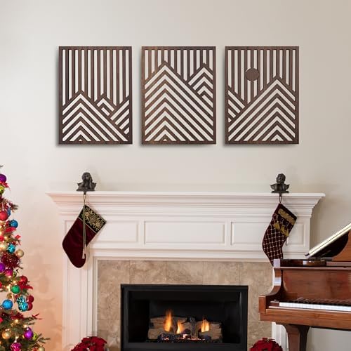 qmmp Modern Wooden Wall Sculptures - Set of 3 - Home Decor Accent - Large Wall Art for Living Room, Bedroom, Office - Easy Installation (Walnut, Medium - Mountain and Sun) - Image 5