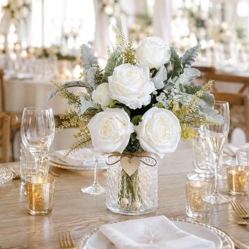 Fake Flowers in Vase, White Rosea Artificial Flowers Arrangement - Image 3